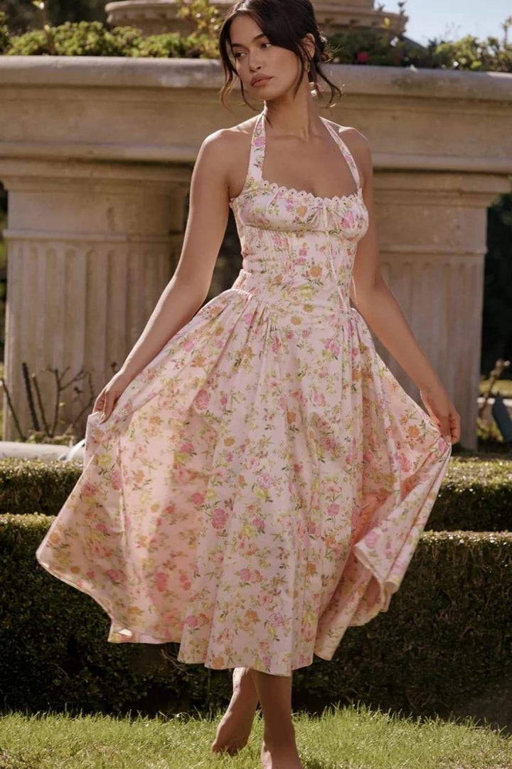QT™ - Stylish Printed Halter Neck A-Line Midi Dress
