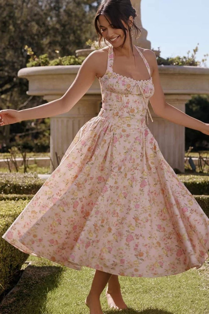QT™ - Stylish Printed Halter Neck A-Line Midi Dress