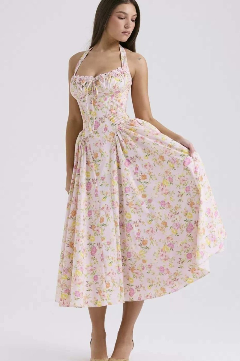 QT™ - Stylish Printed Halter Neck A-Line Midi Dress