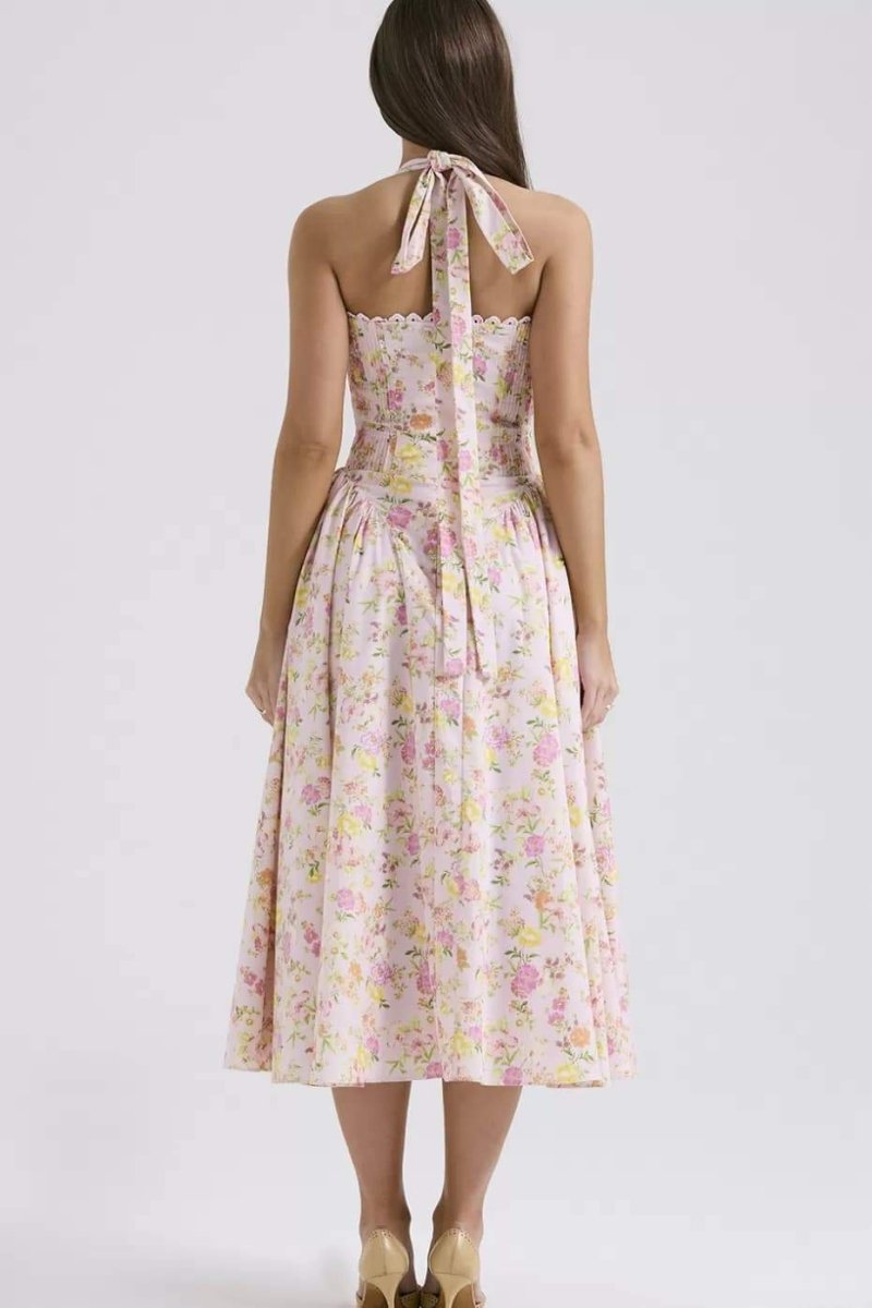 QT™ - Stylish Printed Halter Neck A-Line Midi Dress