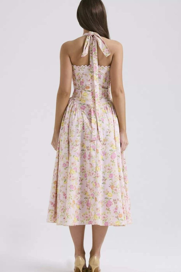 QT™ - Stylish Printed Halter Neck A-Line Midi Dress