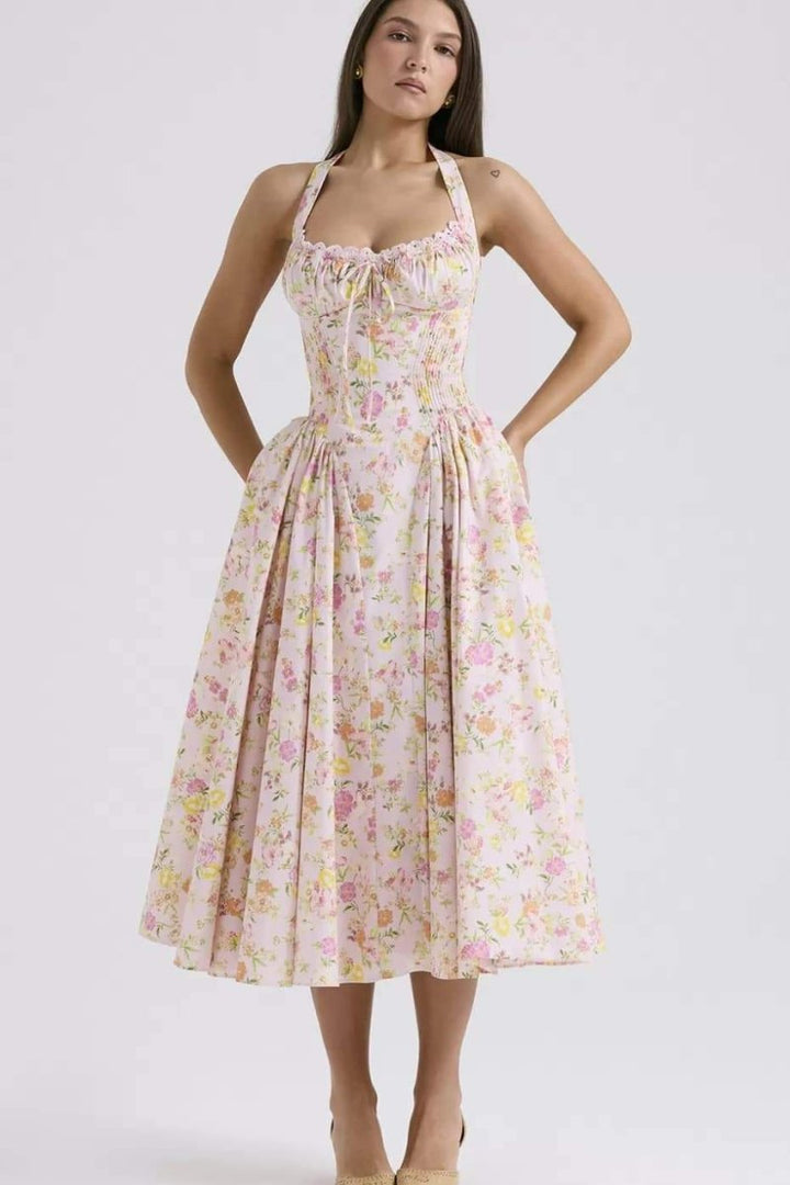 QT™ - Stylish Printed Halter Neck A-Line Midi Dress