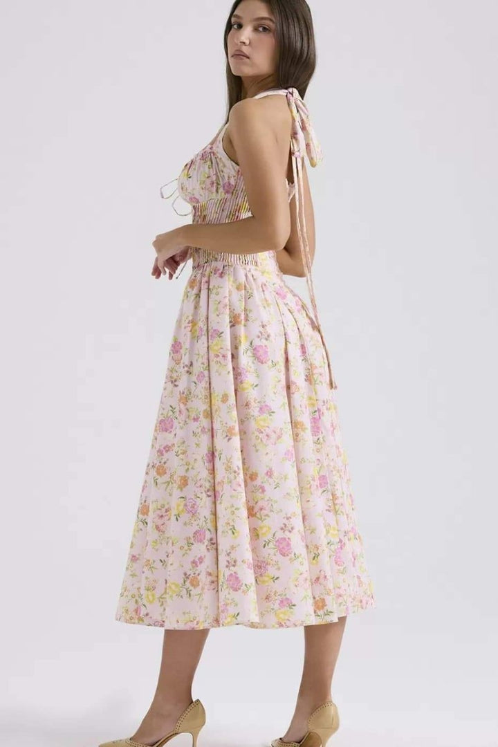 QT™ - Stylish Printed Halter Neck A-Line Midi Dress
